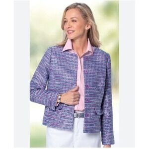 APPLESSEEDS Women's Tweed Blazer Jacket Purple Blue Gold Buttons Size 12 NWT
